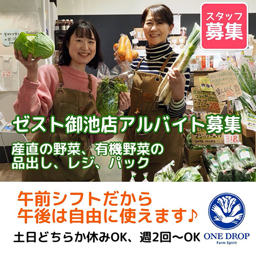 〈やおやワンドロップゼスト御池店のアルバイト募集中〉只今、朝シフト（8時〜12時）のアルバイトスタッフ募集中です。野菜好きの方、食べることが好きな方、興味のある方はぜひお気軽にお問合せ下さい♪