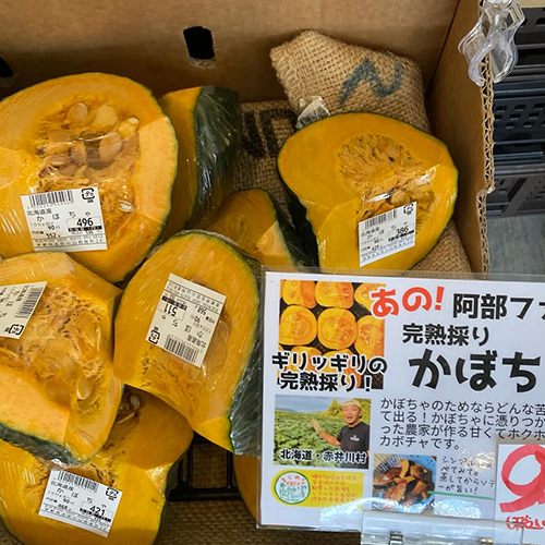 ※北大路店9月15日(月)は臨時休業致します※　もう食べた？！阿部ファームの完熟かぼちゃ　ホクホクで濃厚な甘味で一度食べたらリピート確実　美味しさへのこだわりが半端ない生産者。日本で最も美しい村と呼ばれる、北海道・赤井川村から届いています。